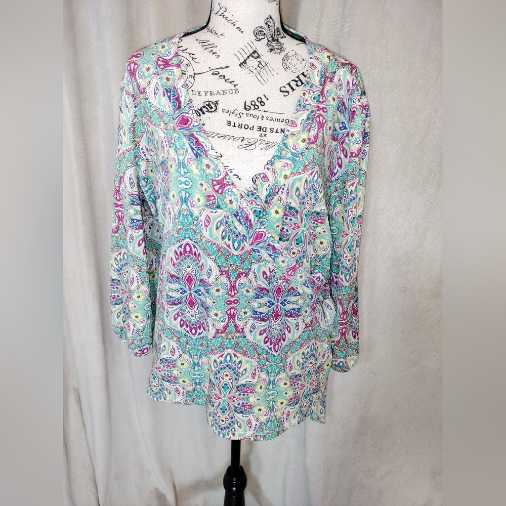 Sunny Leigh Multicolor Paisley Surplice Side Tie Top 3/4 Sleeve. Size XL